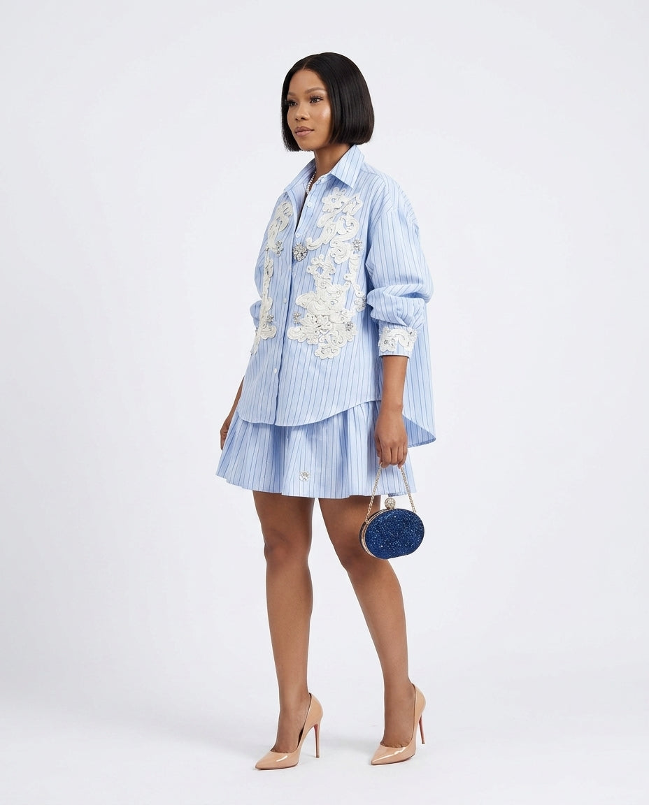 Light Blue Whisper Resort Embroidered Skirt Set Light Blue Skirt Set with Asymmetric silhouette and Textured texture, side or back garment view for Resort Wear, a gallery opening in Paris, Euro Chic Premium by Massicos