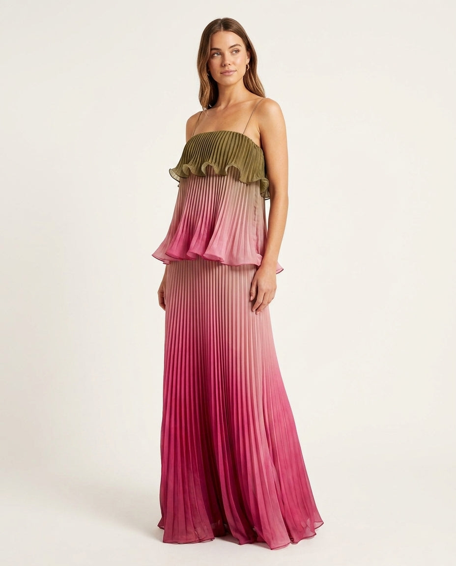 Pink Lustre Resort Pleated Maxi Dress Pink Maxi Dress with Asymmetric silhouette and Textured texture, side or back garment view for Resort Wear, a gallery opening in Paris, Euro Chic Premium by Massicos