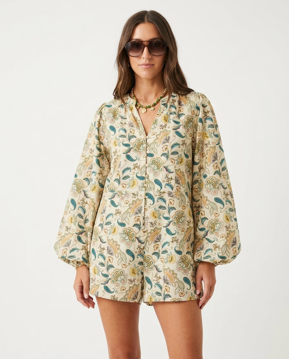 Ivory Lustre Summer Floral Romper Ivory Romper with Asymmetric silhouette and Textured texture, side or back garment view for City Evening, a rooftop dinner in LA, US Coastal Glam by Massicos