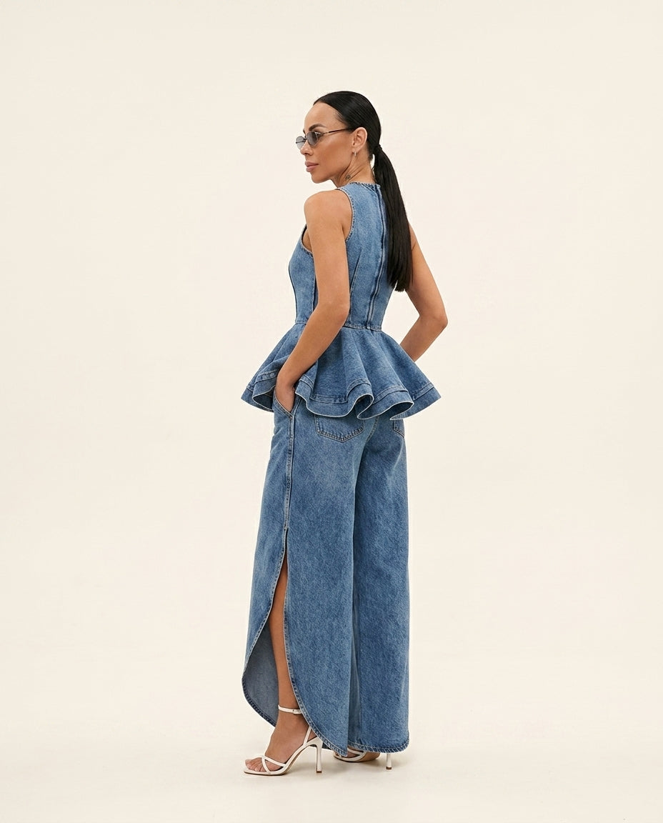Denim Blue Bloom Summer Denim Pant Set Denim Blue Pant Set with Asymmetric silhouette and Textured texture, side or back garment view for Weekend Escape, Brunch in SoHo, US Coastal Glam by Massicos