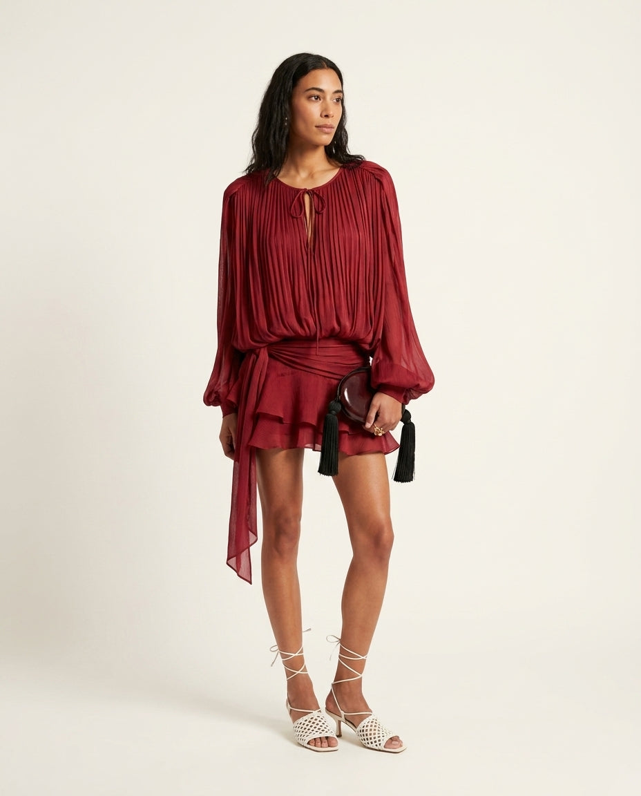Burgundy Grace Evening Pleated Maxi Dress Burgundy Maxi Dress with Asymmetric silhouette and Textured texture, side or back garment view for Date Night, Sunset in Malibu, US Coastal Glam by Massicos