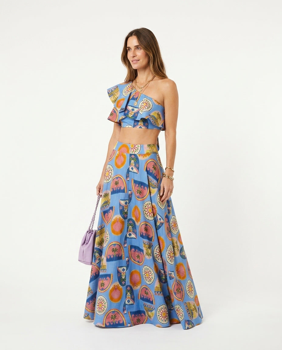 Blue Grace Summer Printed Two-Piece Set Blue Two-Piece Set with Asymmetric silhouette and Textured texture, side or back garment view for Weekend Escape, a rooftop dinner in LA, US Coastal Glam by Massicos