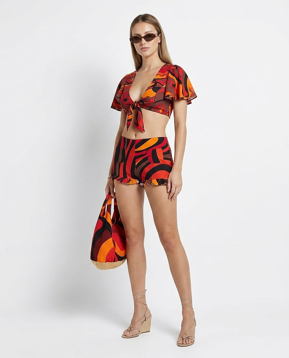 Red Charm Resort Abstract Print Romper Red Romper with Cropped silhouette and Textured texture, side or back garment view for Resort Wear, a London dinner reservation, Euro Chic Premium by Massicos