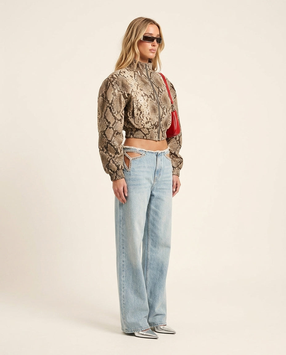Snake Print Velvet Summer Animal Print Jacket Snake Print Jacket with Asymmetric silhouette and Textured texture, side or back garment view for Business Casual, a gallery opening in Paris, Euro Chic Premium by Massicos