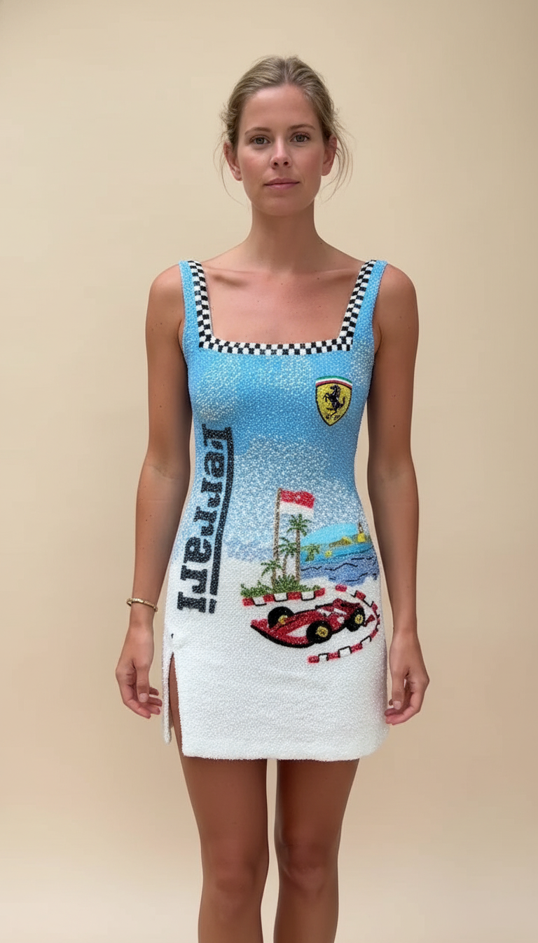 Blue Graphic Print Side Slit Beaded Texture Mini Dress product image 3