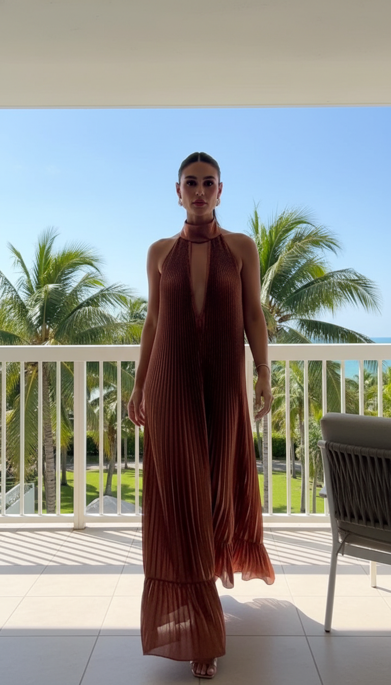 Copper Halter Pleated Satin Maxi Dress product image 3