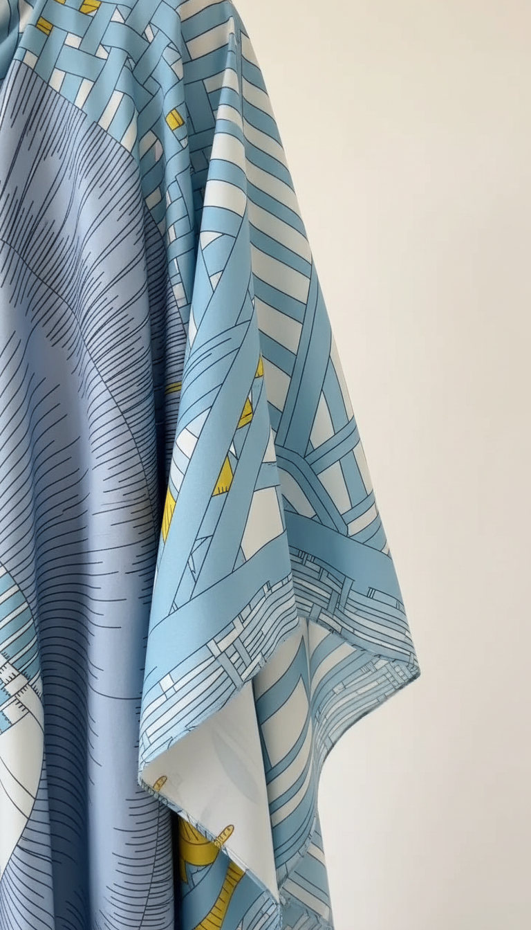 Blue Abstract Print Silk Asymmetric Neckline Kaftan Dress product image 3