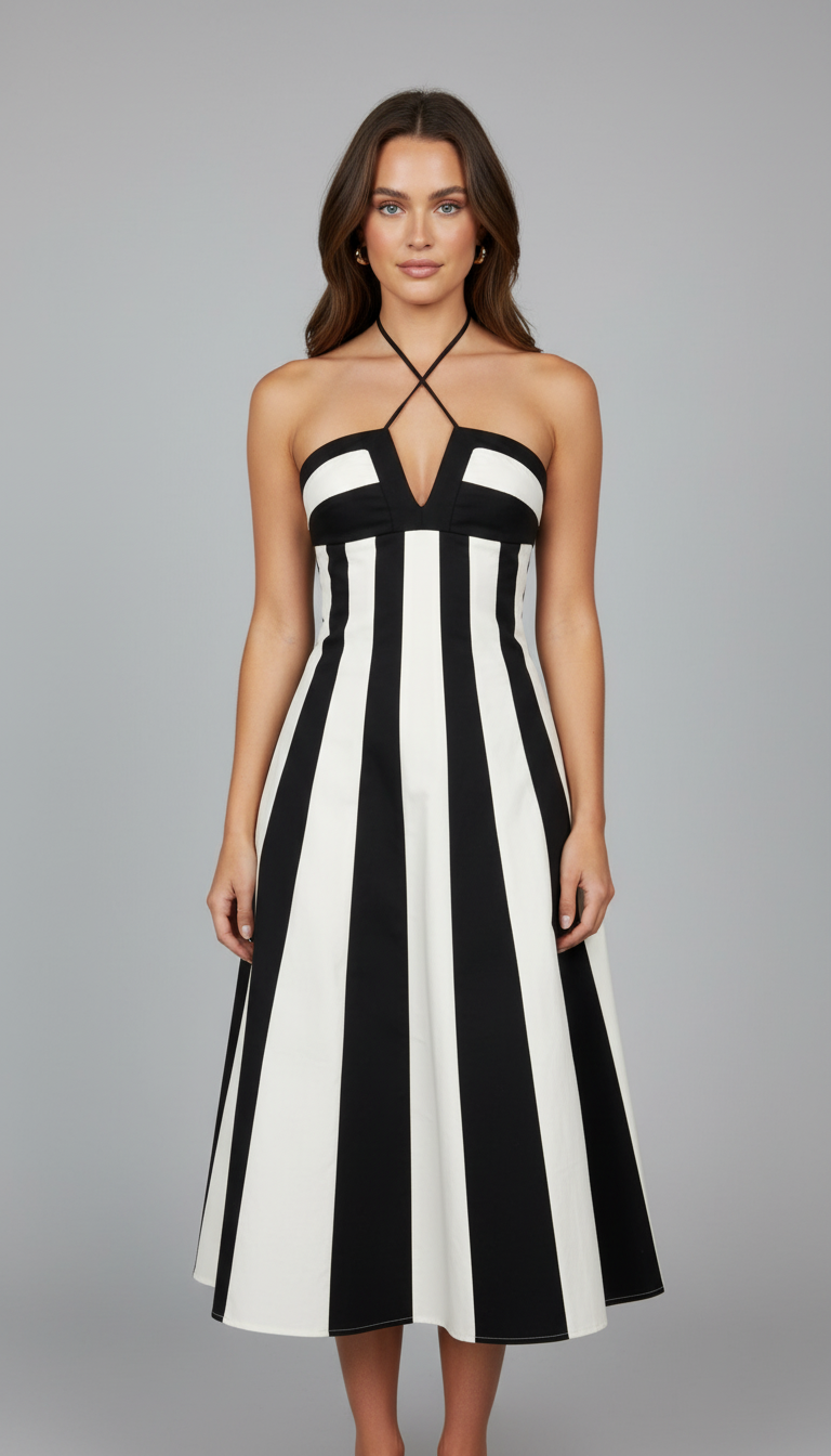 Black Striped Halter Striped Pattern Midi Dress product image 3