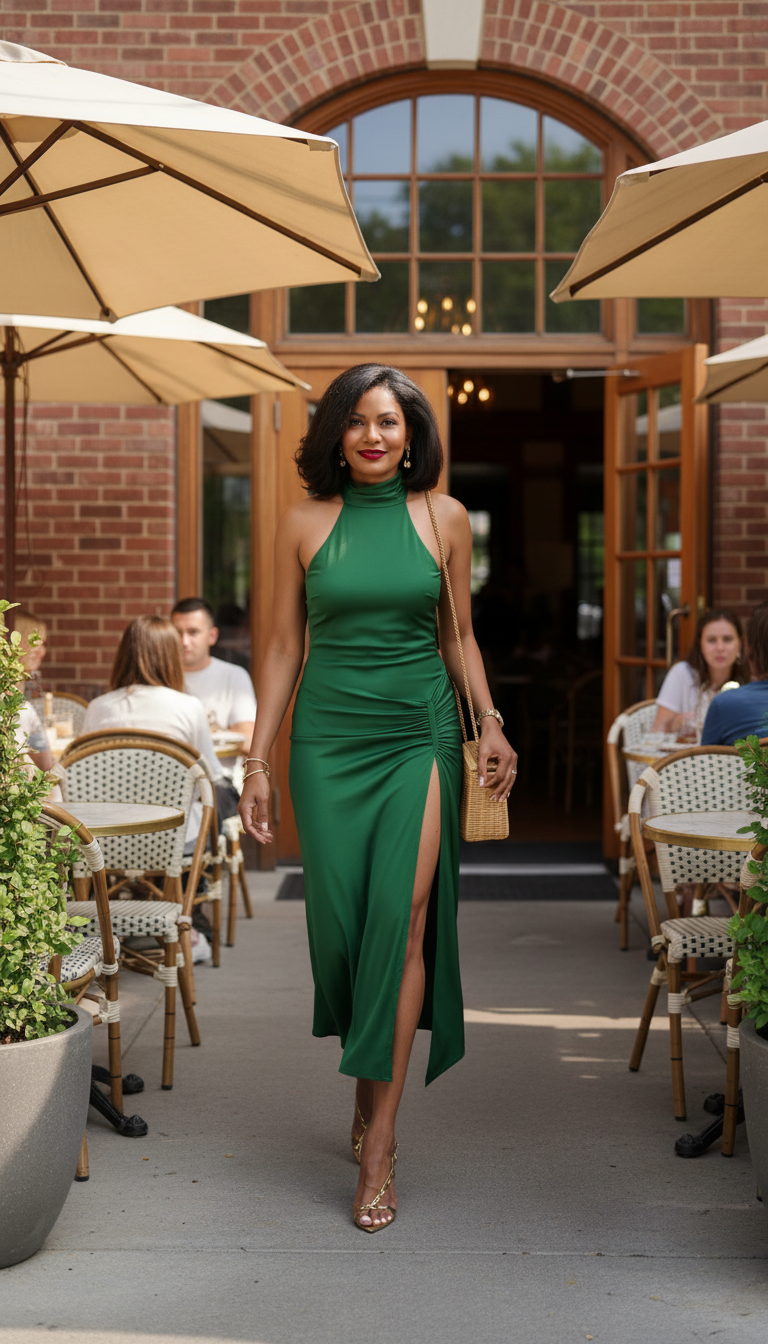 Green Halter Silk Side Slit Midi Dress product image 3