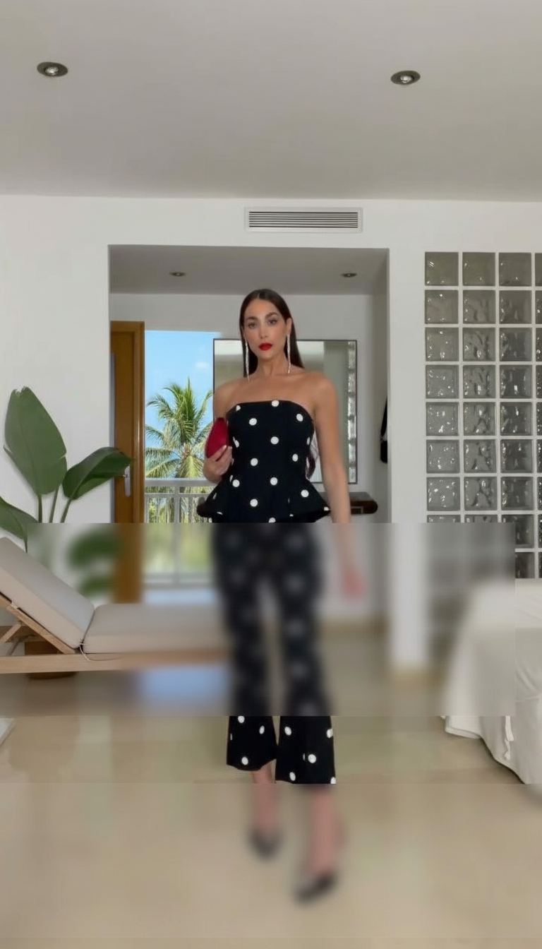 Black Polka Dot Print Cropped Peplum Top Pant Set product image 3