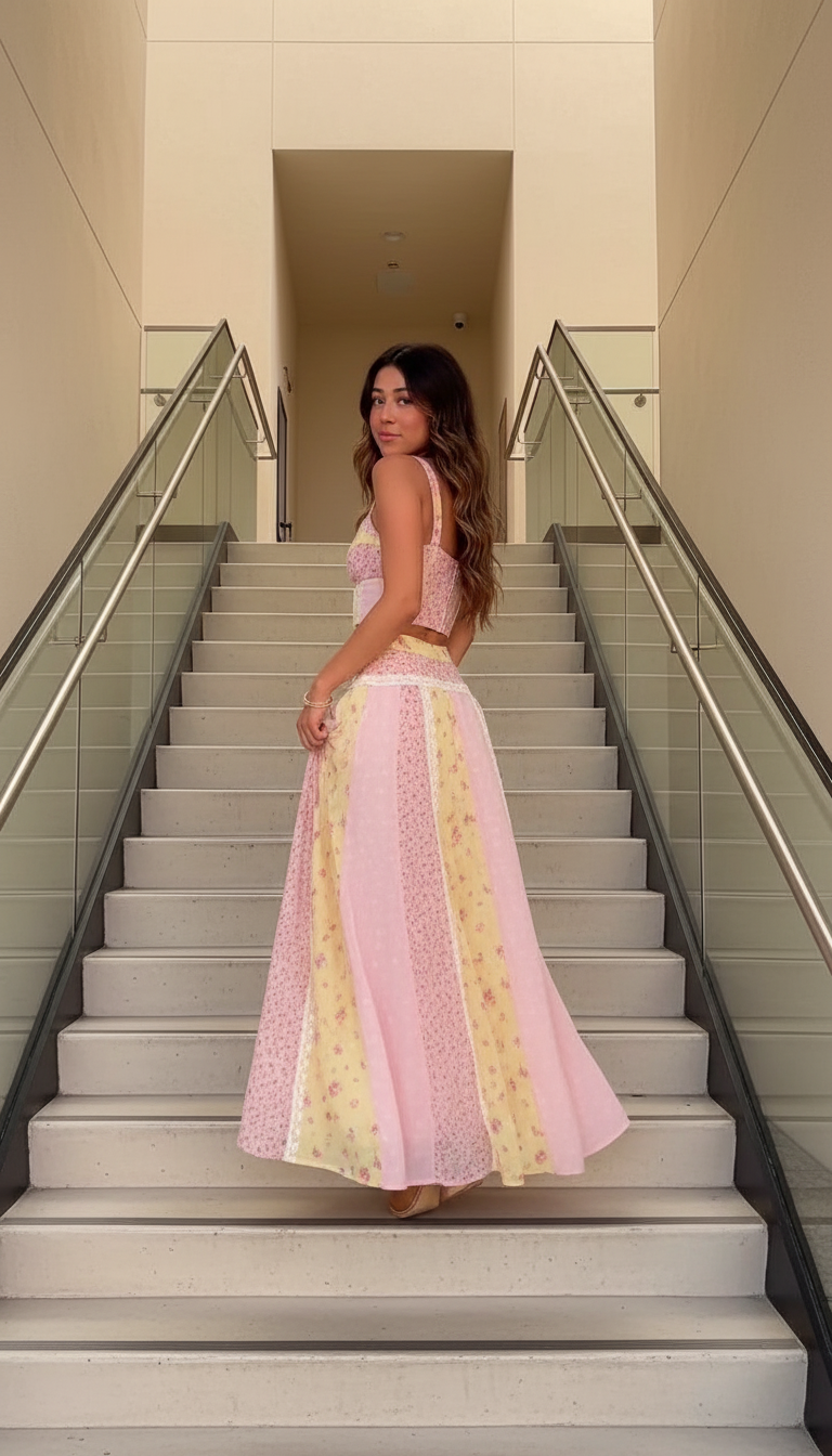 Pink Floral V-Neck Lace Skirt Set product image 3