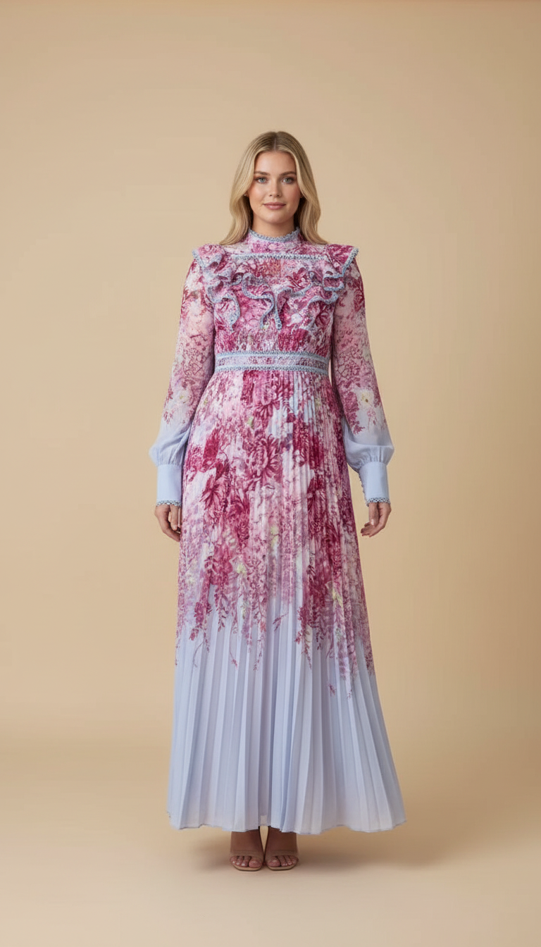 Pink Floral Ruffle Pleated Maxi Dress product image 3