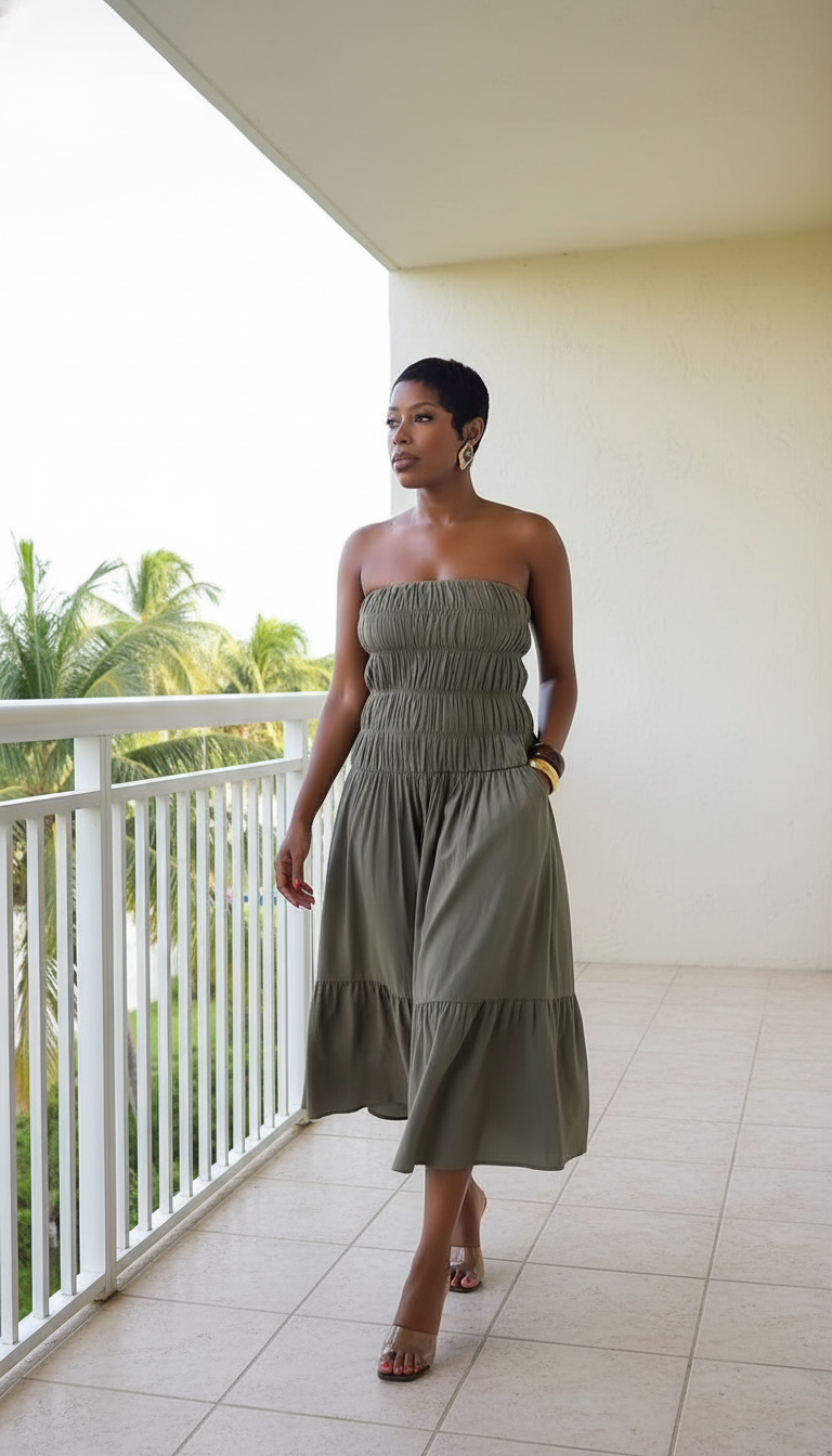 Olive Smocked Bodice Pockets Midi Dress product image 3