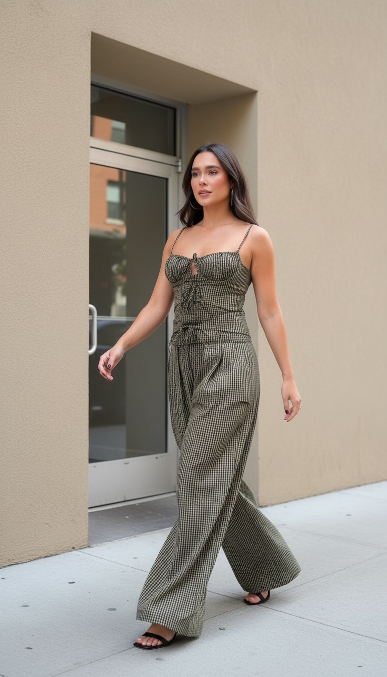 Black Gingham Print Wide-Leg Tie Front Pant Set product image 3