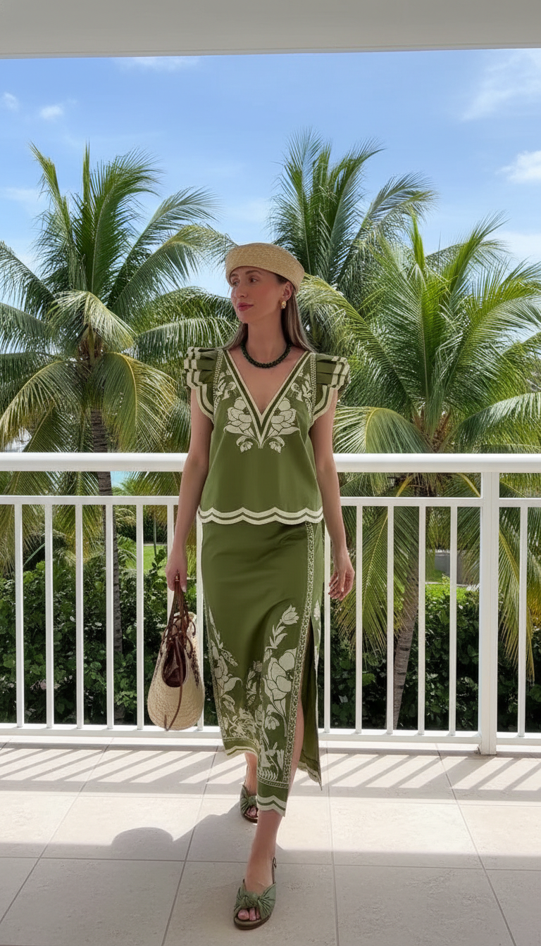 Green Floral V-Neck Ruffle Skirt Set product image 3