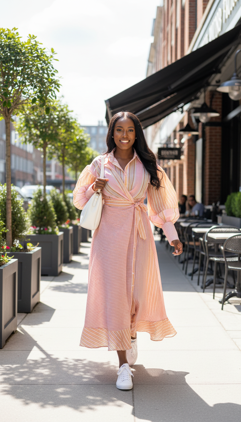 Pink Striped Tie Waist Button Front Midi Dress product image 3