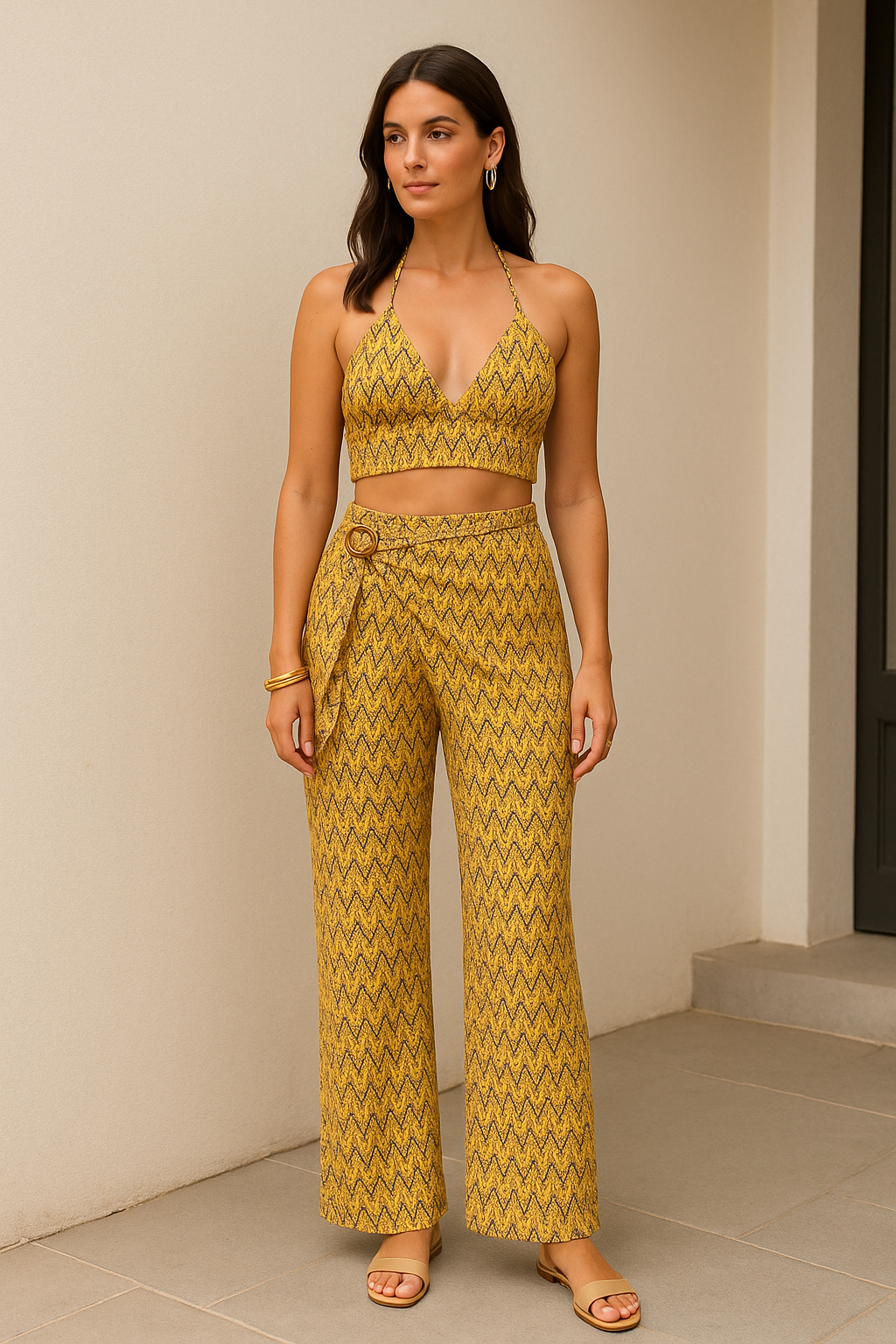 Yellow Geometric Print Halter Wrap Pant Set product image 3