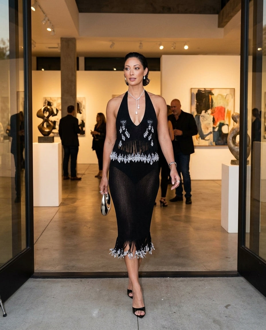 Black Charm Wedding Guest Sheer Jumpsuit Black Jumpsuit with Cropped silhouette and Ribbed Knit texture, lifestyle scene image for Wedding Guest, a gallery evening, Fall current summer selling first with a light late-summer/pre-fall accent: make it wearab by Massicos