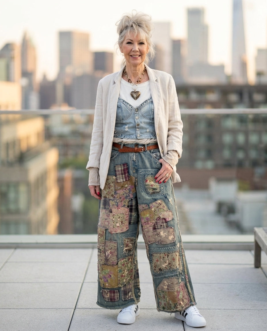 Denim Poise Summer Floral Pants Denim Pants with Wide-Leg silhouette and Textured texture, lifestyle scene image for Business Casual, a Palm Springs weekend, US Coastal Glam by Massicos