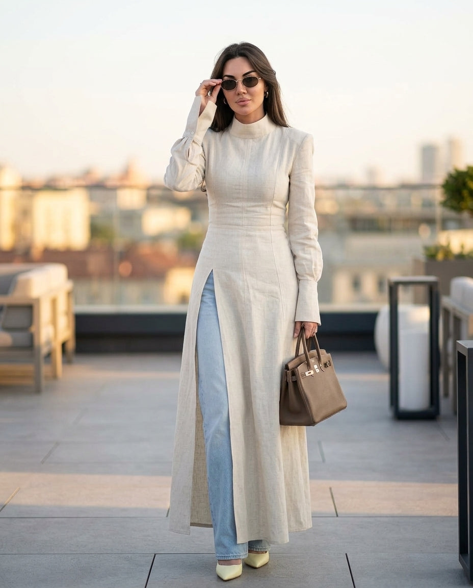 Ivory Velvet Summer Linen Maxi Dress Ivory Maxi Dress with Structured silhouette and Linen Blend texture, lifestyle scene image for Vacation Evening, a polished coastal brunch, US East / Hamptons Elite by Massicos