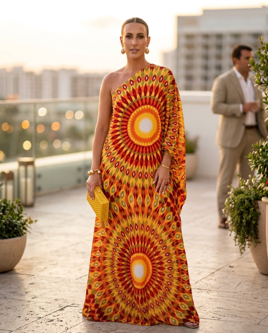 Butter Yellow Reverie Resort Printed Maxi Dress Butter Yellow Maxi Dress with Asymmetric silhouette and Textured texture, lifestyle scene image for Resort Wear, a rooftop dinner in LA, US Coastal Glam by Massicos