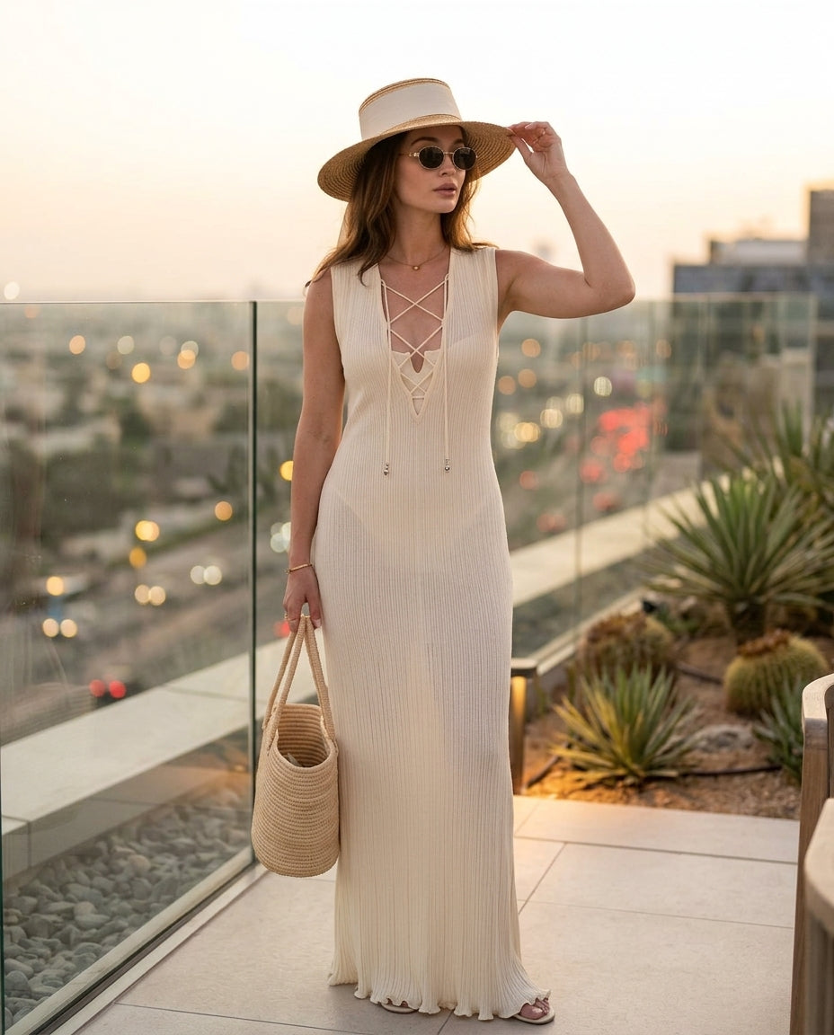 Ivory Solace Resort Lace Maxi Dress Ivory Maxi Dress with Relaxed Fit silhouette and Textured texture, lifestyle scene image for Resort Wear, a London dinner reservation, Euro Chic Premium by Massicos