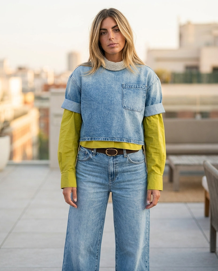 Light Blue Velvet Summer Denim Two-Piece Set Light Blue Two-Piece Set with Cropped silhouette and Textured texture, lifestyle scene image for Vacation Set, a private garden lunch, US East / Hamptons Elite by Massicos
