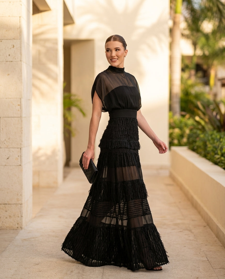 Black Charm Evening Lace Maxi Dress Black Maxi Dress with Asymmetric silhouette and Textured texture, lifestyle scene image for Date Night, a Palm Springs weekend, US Coastal Glam by Massicos