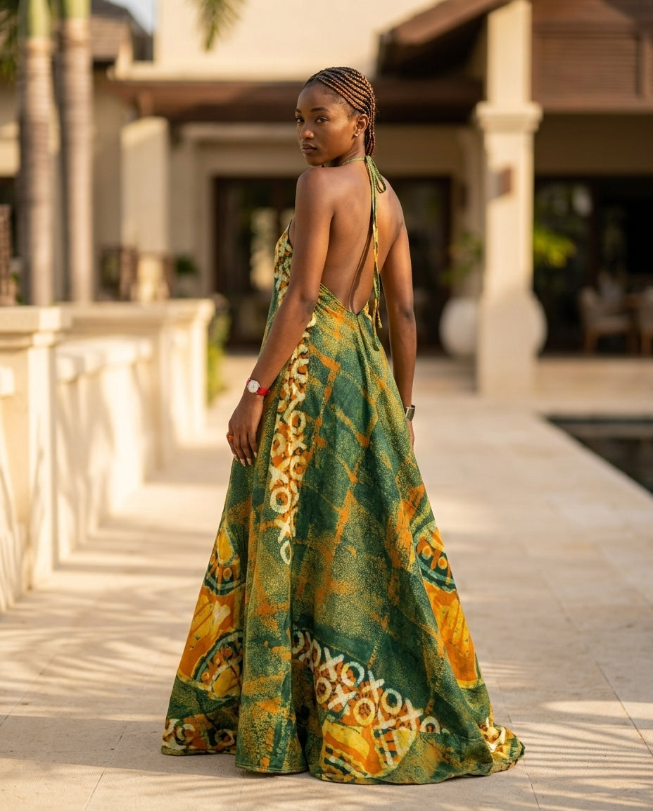 Sage Velvet Resort Abstract Print Maxi Dress Sage Maxi Dress with Relaxed Fit silhouette and Textured texture, lifestyle scene image for Resort Wear, a polished coastal brunch, US East / Hamptons Elite by Massicos