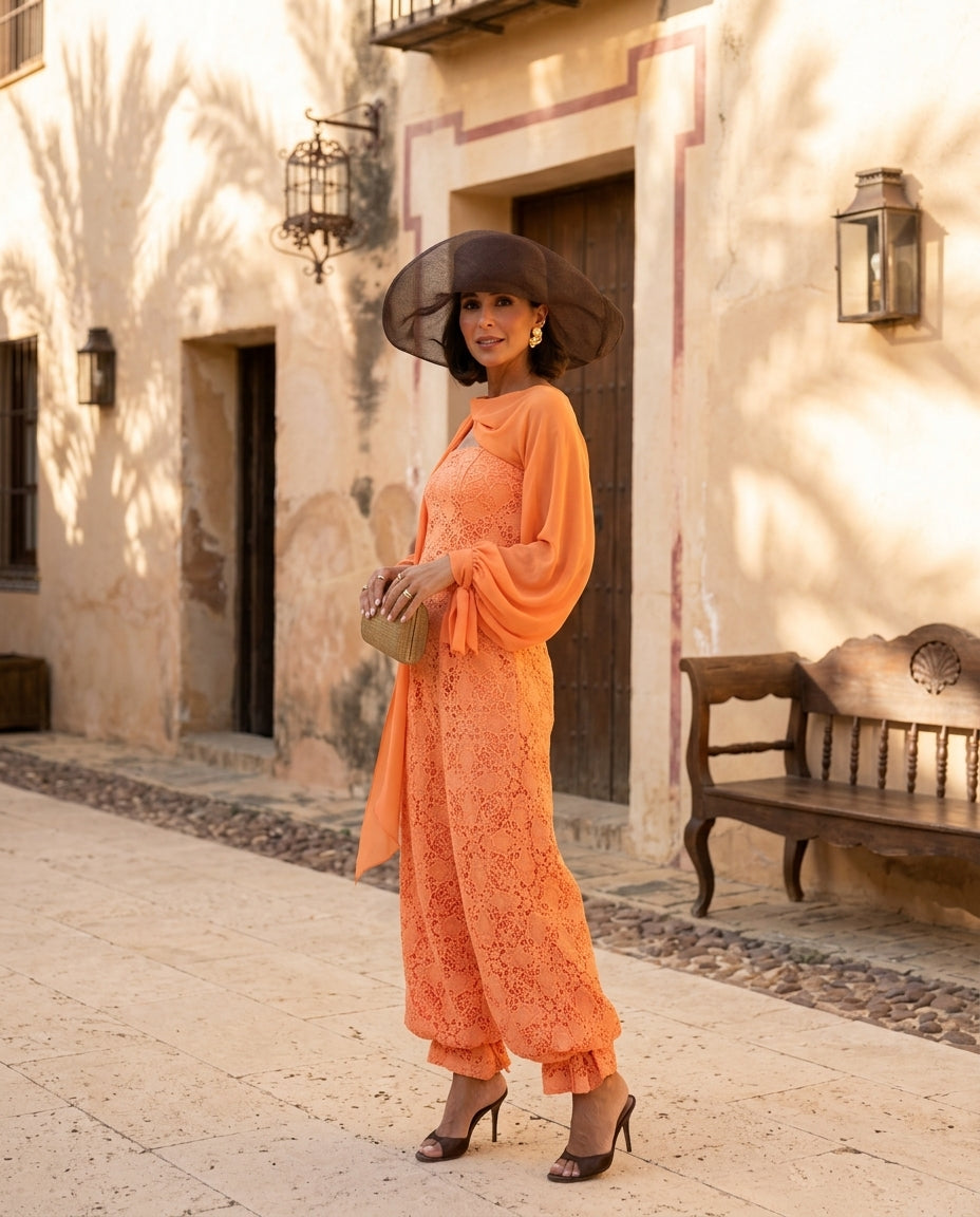 Orange Grace Summer Lace Jacket Orange Jacket with Wide-Leg silhouette and Textured texture, lifestyle scene image for Business Casual, Evening in Amalfi, Euro Chic Premium by Massicos