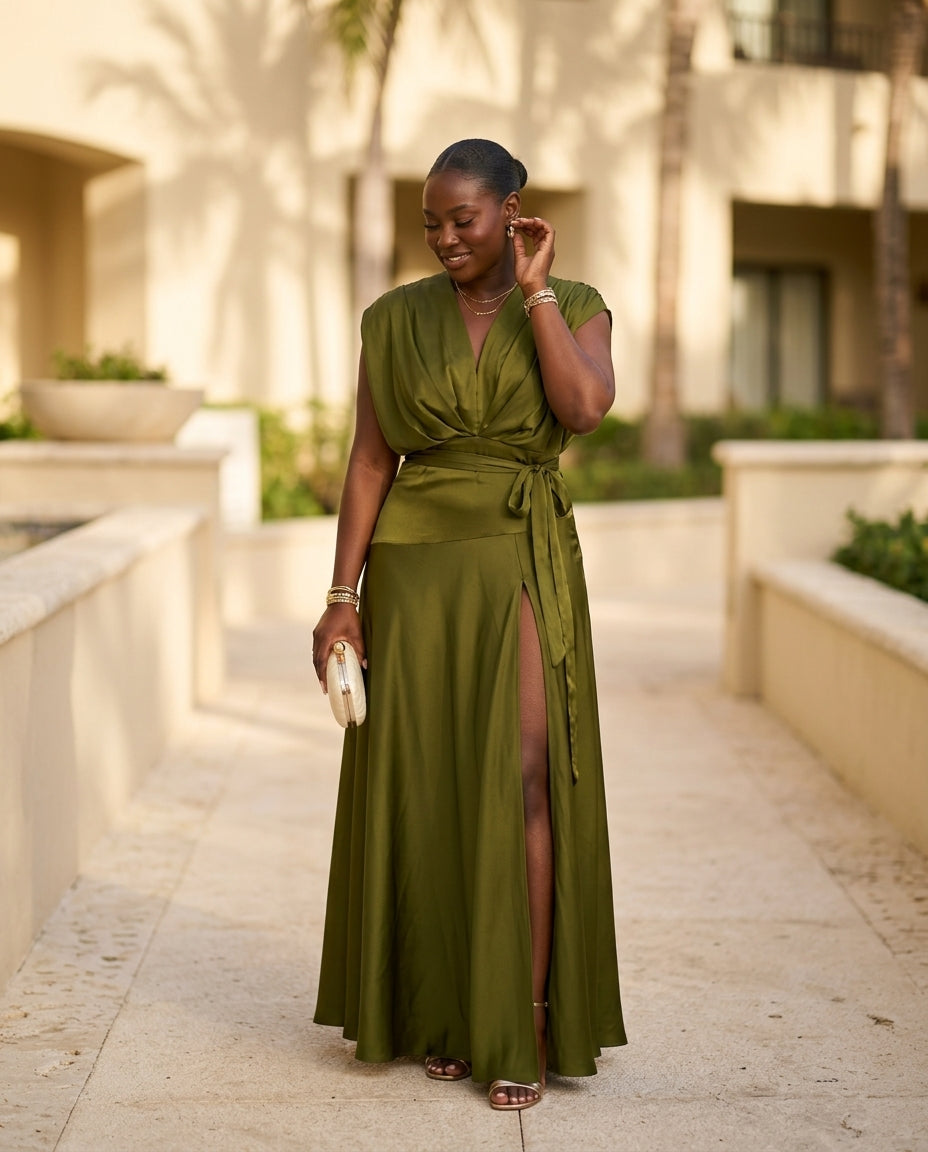 Olive Green Grace Summer Satin Maxi Dress Olive Green Maxi Dress with Asymmetric silhouette and Satin texture, lifestyle scene image for Resort Dinner, Brunch in SoHo, US Coastal Glam by Massicos