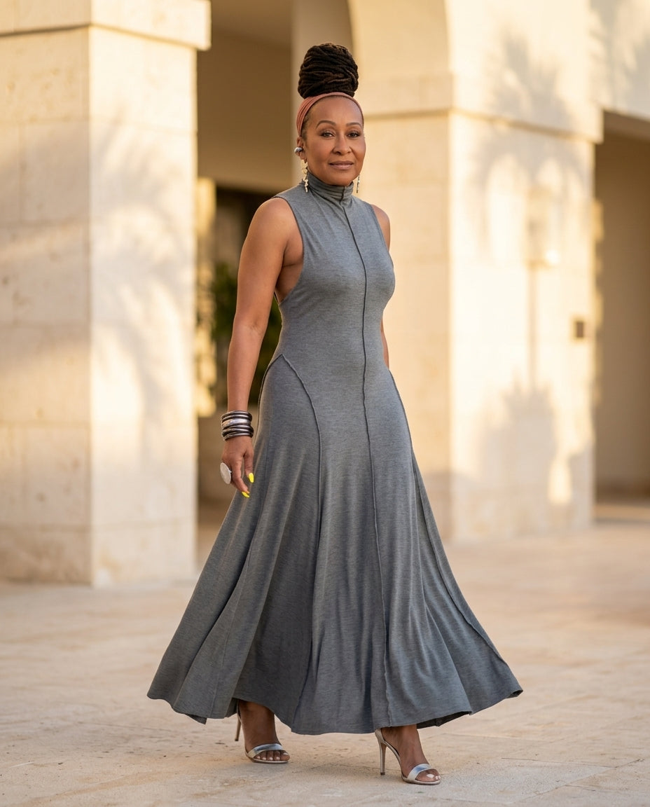 Grey Muse Summer Maxi Dress Grey Maxi Dress with Asymmetric silhouette and Ribbed Knit texture, lifestyle scene image for Vacation Evening, a Palm Springs weekend, US Coastal Glam by Massicos