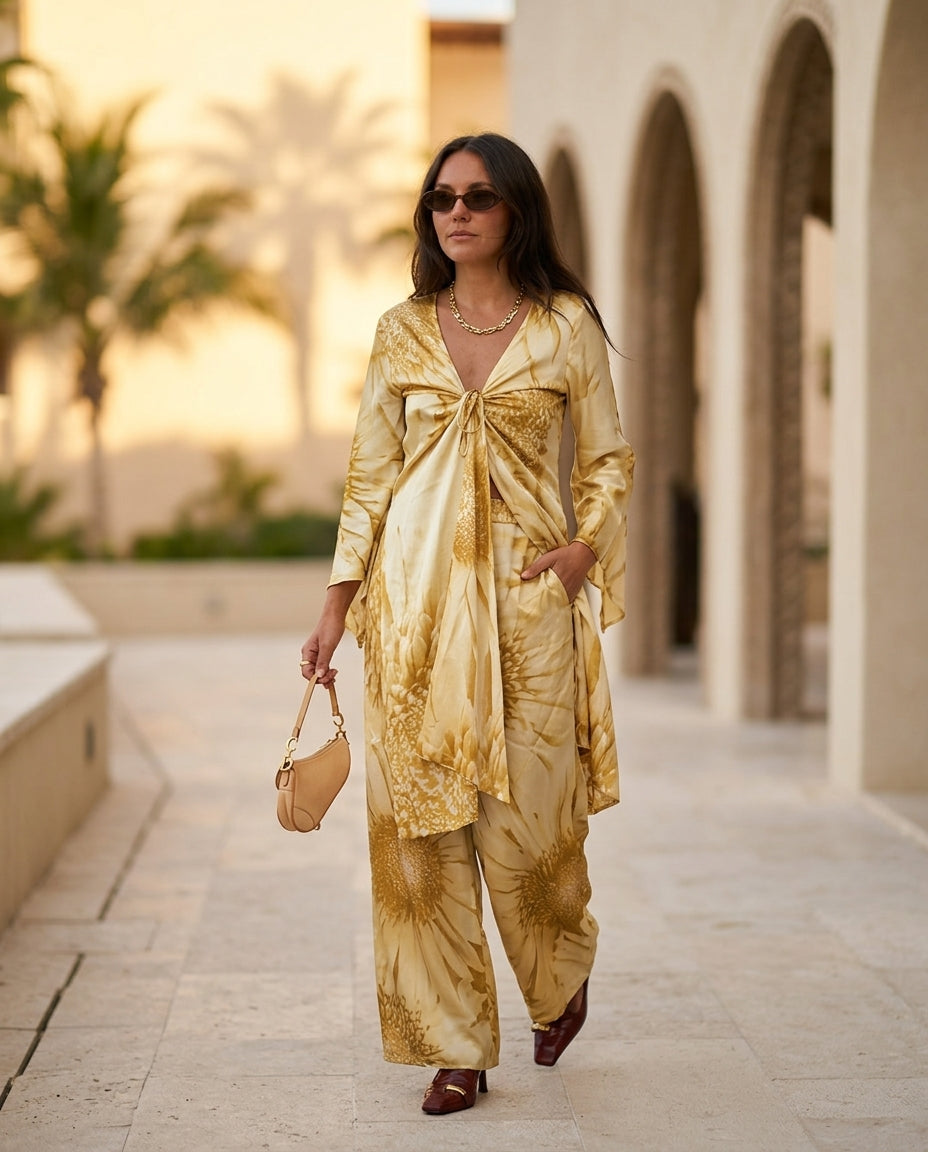 Light Yellow Charm Resort Floral Pant Set Light Yellow Pant Set with Wide-Leg silhouette and Satin texture, lifestyle scene image for Resort Wear, Evening in Amalfi, Euro Chic Premium by Massicos