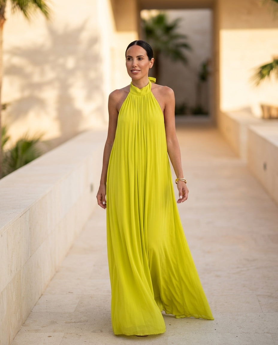 Lime Lustre Resort Printed Maxi Dress Lime Maxi Dress with Asymmetric silhouette and Textured texture, lifestyle scene image for Resort Wear, a Palm Springs weekend, US Coastal Glam by Massicos