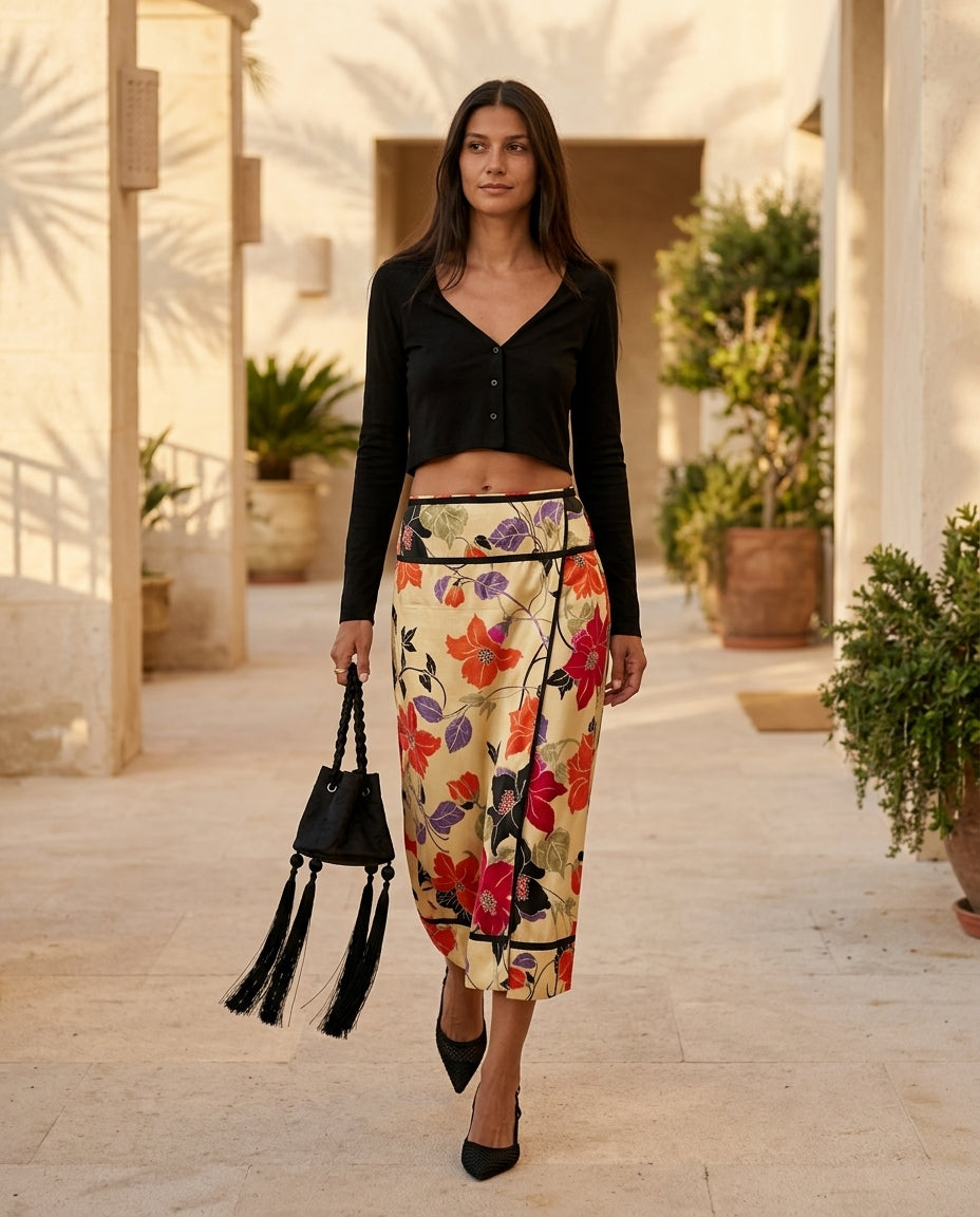 Black Whisper Summer Floral Two-Piece Set Black Two-Piece Set with Asymmetric silhouette and Textured texture, lifestyle scene image for Beach Dinner, Coffee in Marais, Euro Chic Premium by Massicos