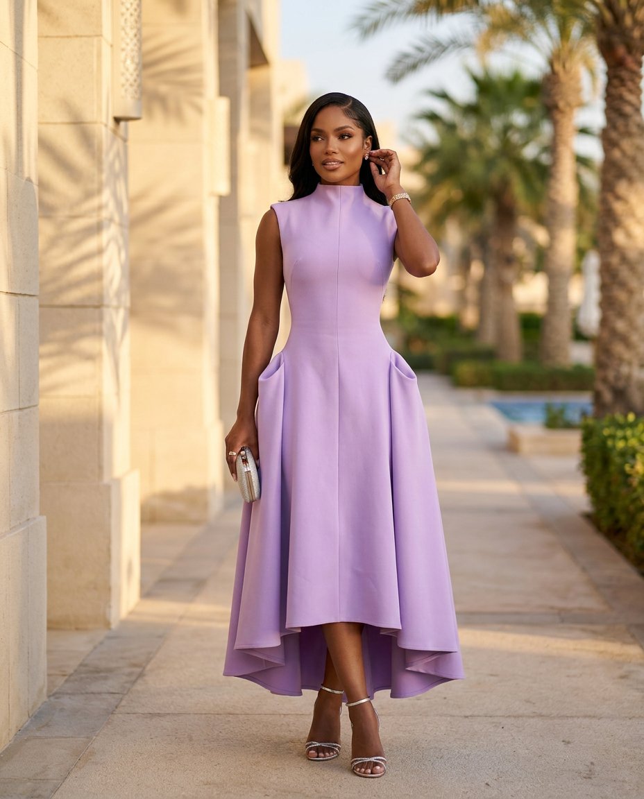 Lavender Gleam Summer Maxi Dress Lavender Maxi Dress with Asymmetric silhouette and Ribbed Knit texture, lifestyle scene image for Resort Dinner, Evening in Amalfi, Euro Chic Premium by Massicos