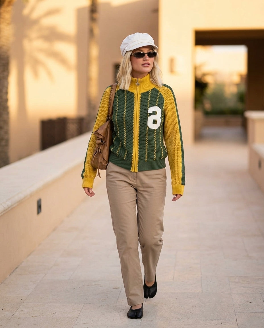Sage Muse Summer Striped Jacket Sage Jacket with Relaxed Fit silhouette and Ribbed Knit texture, lifestyle scene image for Weekend Styling, a polished coastal brunch, US East / Hamptons Elite by Massicos