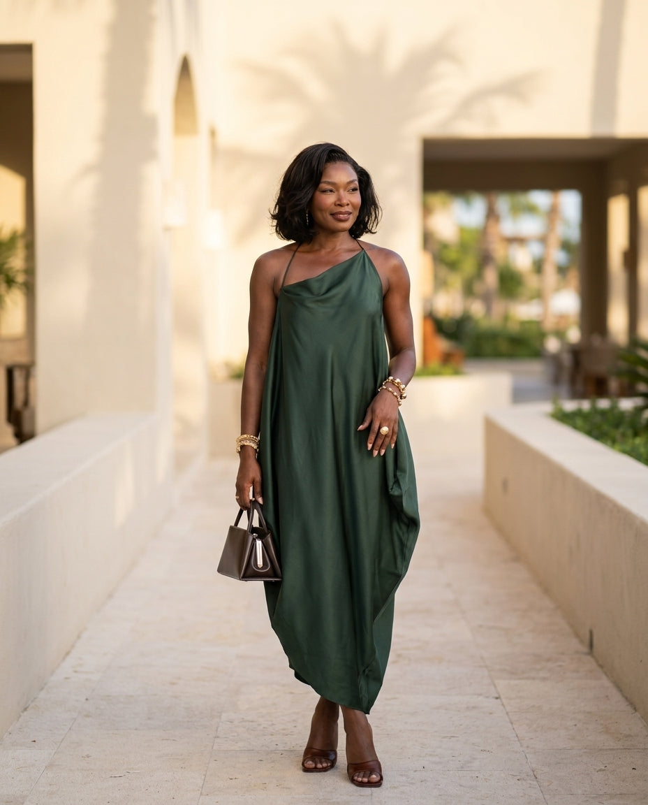 Dark Green Velvet Resort Satin Maxi Dress Dark Green Maxi Dress with Asymmetric silhouette and Satin texture, lifestyle scene image for Resort Wear, a gallery opening in Paris, Euro Chic Premium by Massicos