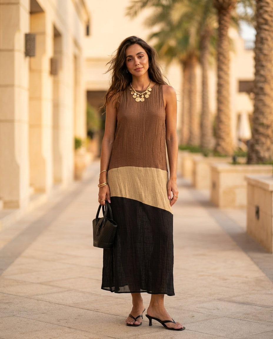 Brown Charm Resort Textured Maxi Dress Brown Maxi Dress with Asymmetric silhouette and Textured texture, lifestyle scene image for Resort Wear, an estate dinner at golden hour, US East / Hamptons Elite by Massicos
