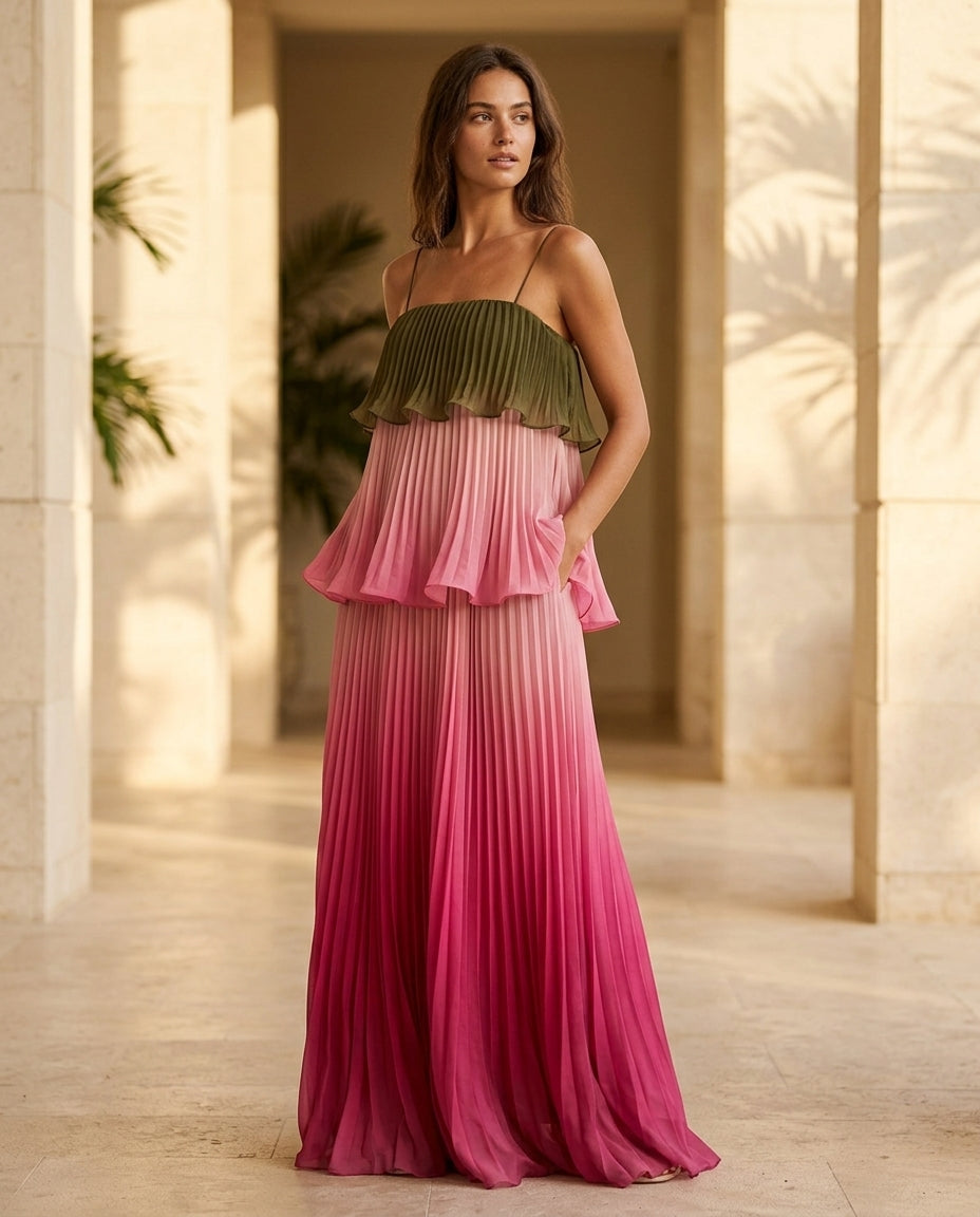 Pink Lustre Resort Pleated Maxi Dress Pink Maxi Dress with Asymmetric silhouette and Textured texture, lifestyle scene image for Resort Wear, a gallery opening in Paris, Euro Chic Premium by Massicos