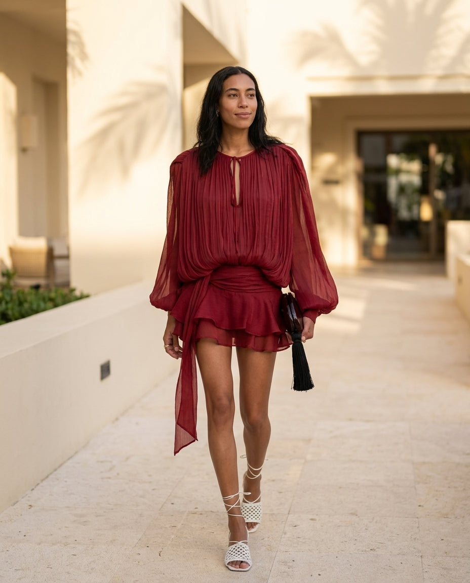 Burgundy Grace Evening Pleated Maxi Dress Burgundy Maxi Dress with Asymmetric silhouette and Textured texture, lifestyle scene image for Date Night, Sunset in Malibu, US Coastal Glam by Massicos
