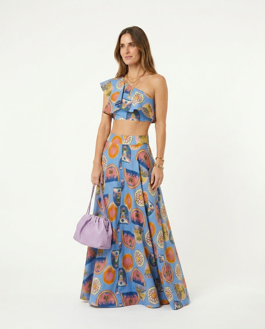 Blue Grace Summer Printed Two-Piece Set Blue Two-Piece Set with Asymmetric silhouette and Textured texture, lifestyle scene image for Weekend Escape, a rooftop dinner in LA, US Coastal Glam by Massicos
