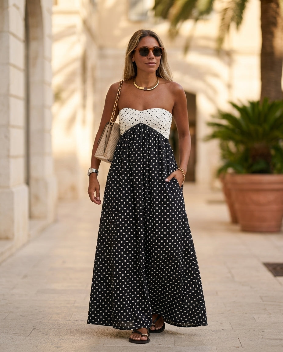 Black Velvet Resort Printed Maxi Dress Black Maxi Dress with Asymmetric silhouette and Textured texture, lifestyle scene image for Resort Wear, Evening in Amalfi, Euro Chic Premium by Massicos