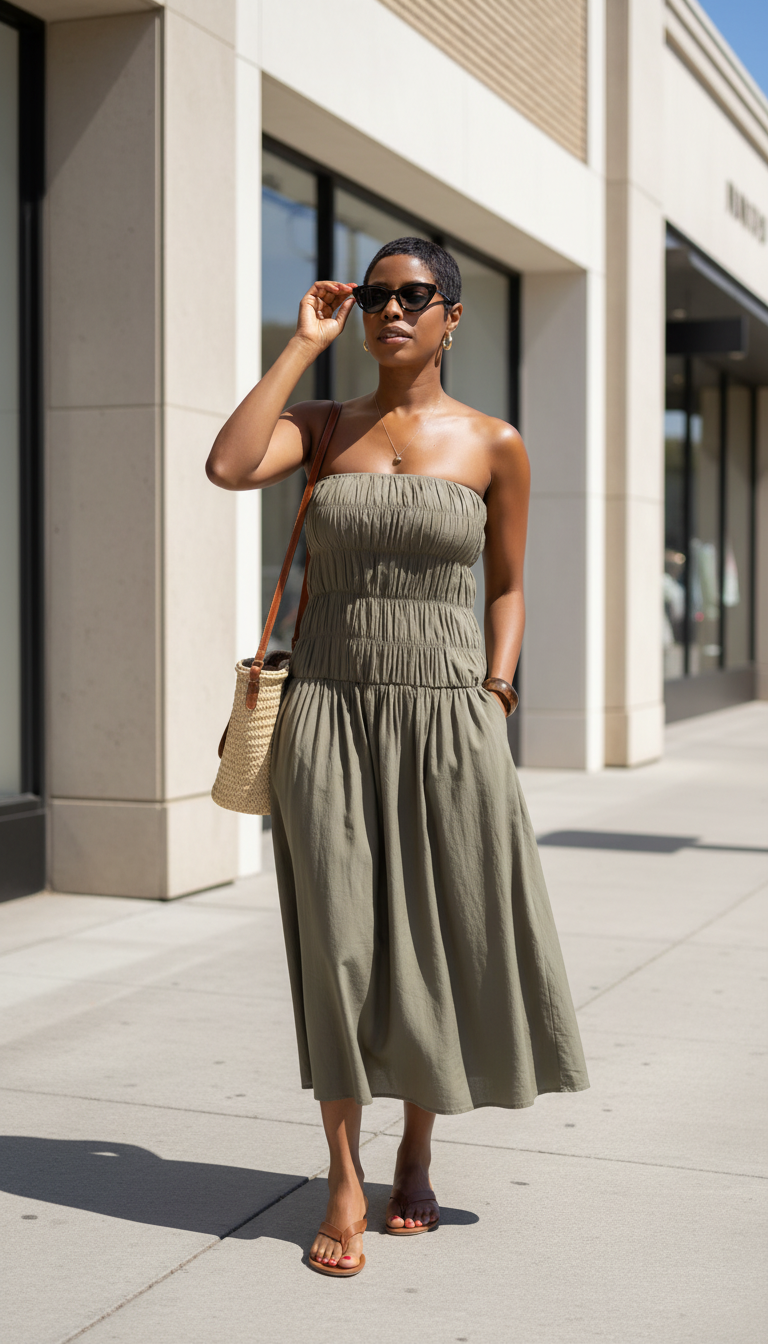 Olive Smocked Bodice Pockets Midi Dress product image 4