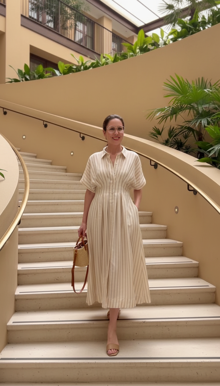 Beige Striped Button Front Pockets Midi Dress product image 4