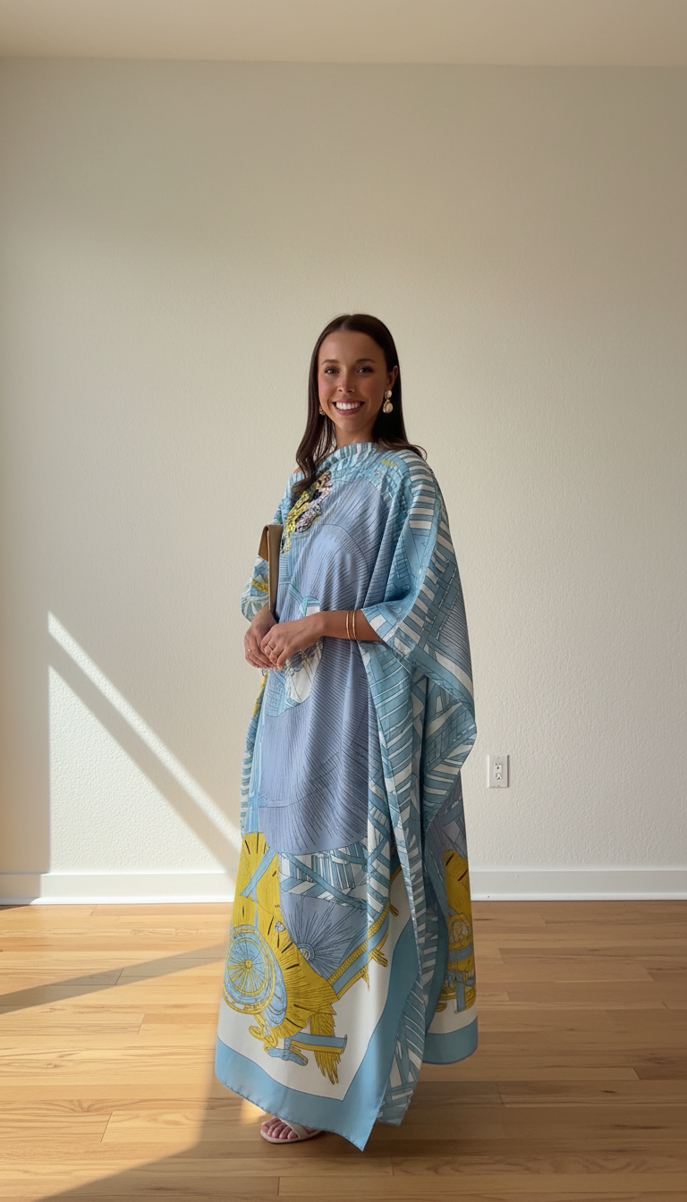 Blue Abstract Print Silk Asymmetric Neckline Kaftan Dress product image 4