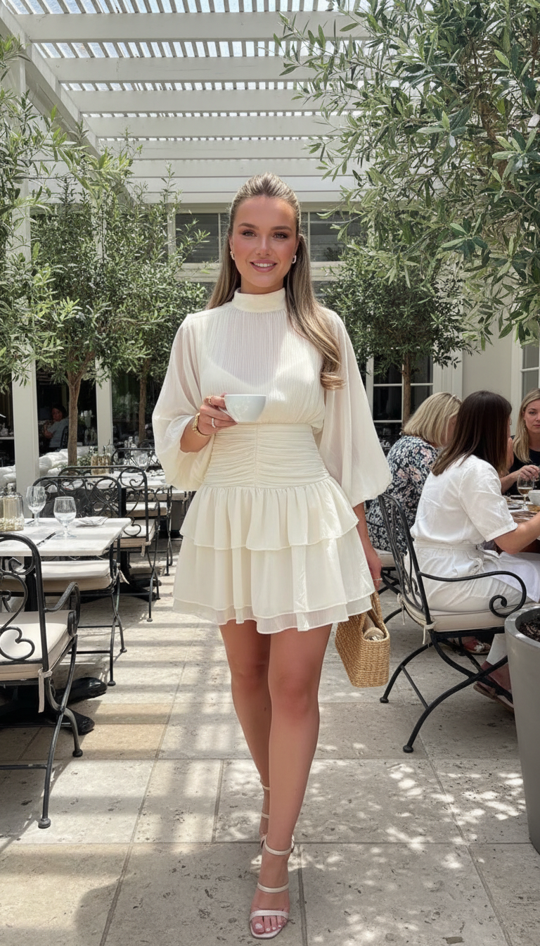 White Ruffle Pleated Ruffled Hem Mini Dress product image 4
