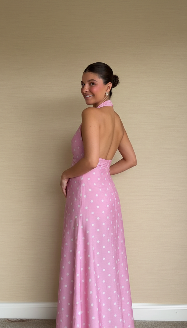 Pink Polka Dot Print Halter Twist Front Maxi Dress product image 4