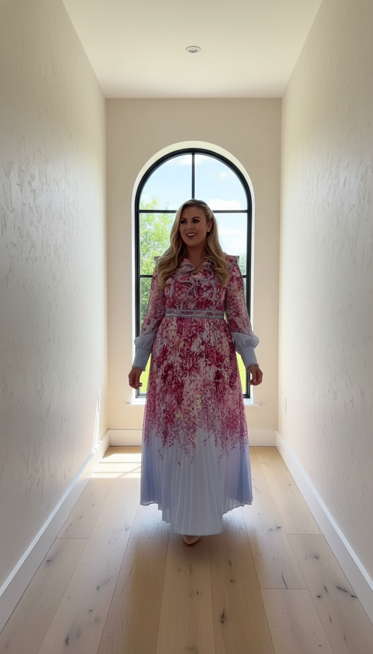 Pink Floral Ruffle Pleated Maxi Dress product image 4