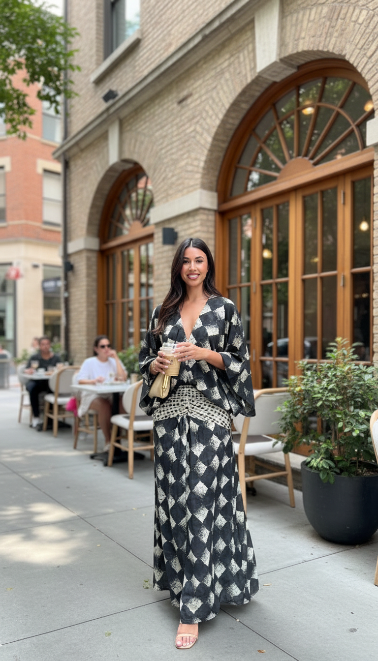 Black Geometric Print V-Neck Belted Kaftan Dress product image 4